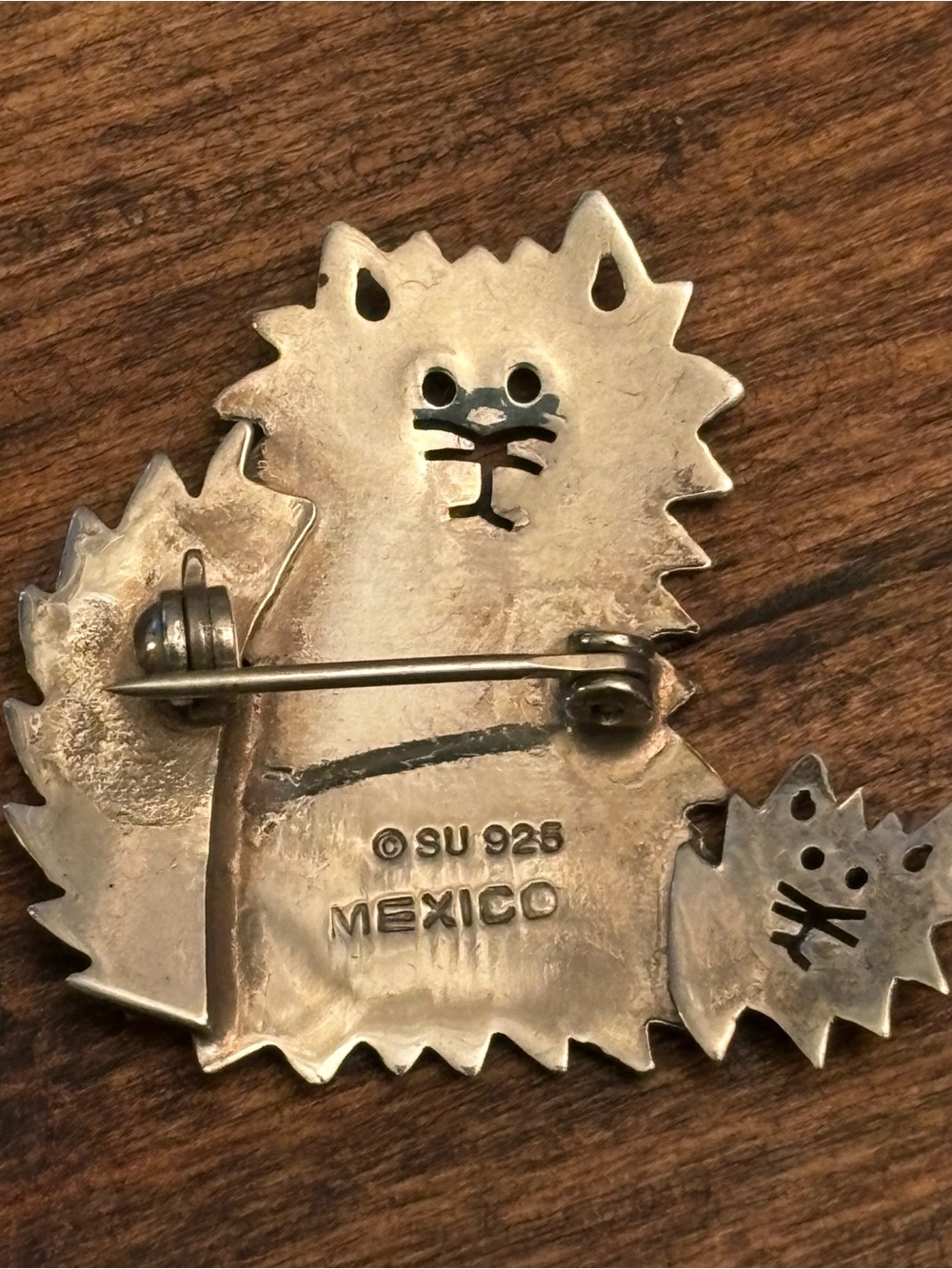 Vintage 925 Sterling Silver Mexico 1.2" Kitty Cat & Kitten Brooch Pin Signed SU - Picture 6 of 6